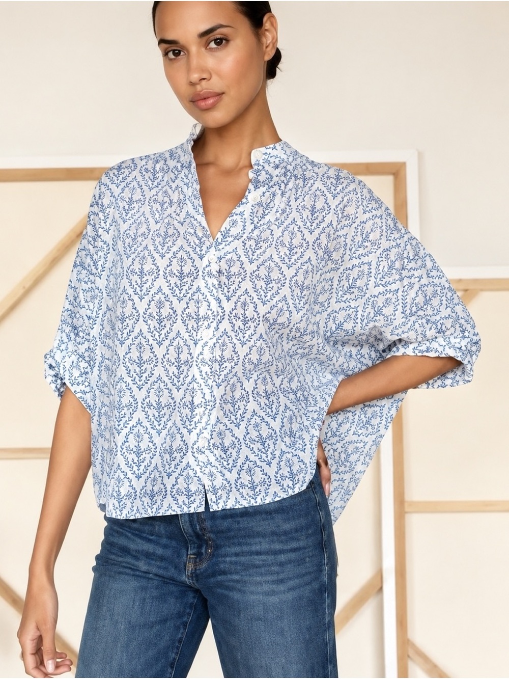 EMERSON FRY India Collection Blue White Organic Cotton Dolman Top OS